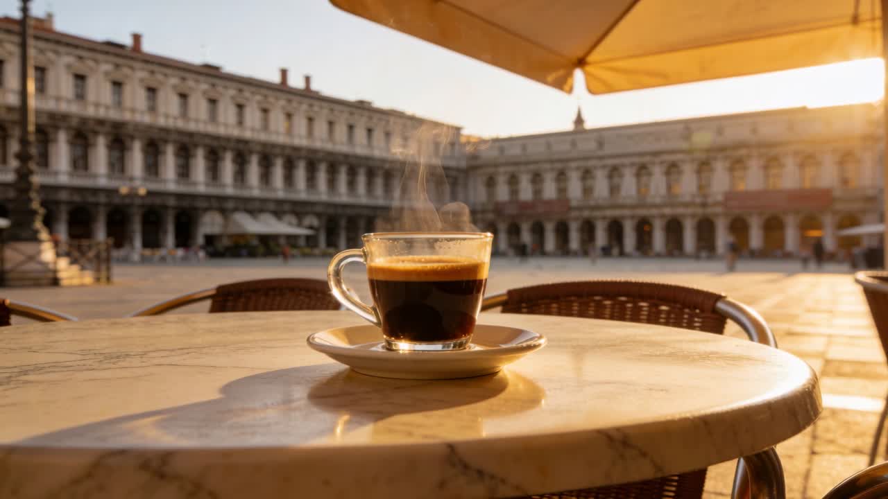 La telecamera avanza lentamente, la luce solare si intensifica, una tazza di vetro rilascia vapore dalla crema del caffè su un tavolo in piazza.