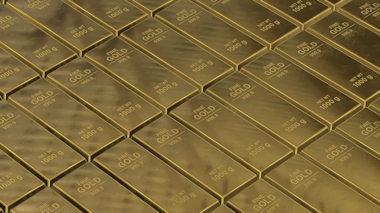 barras de oro realistas, barras de oro apiladas en una fila