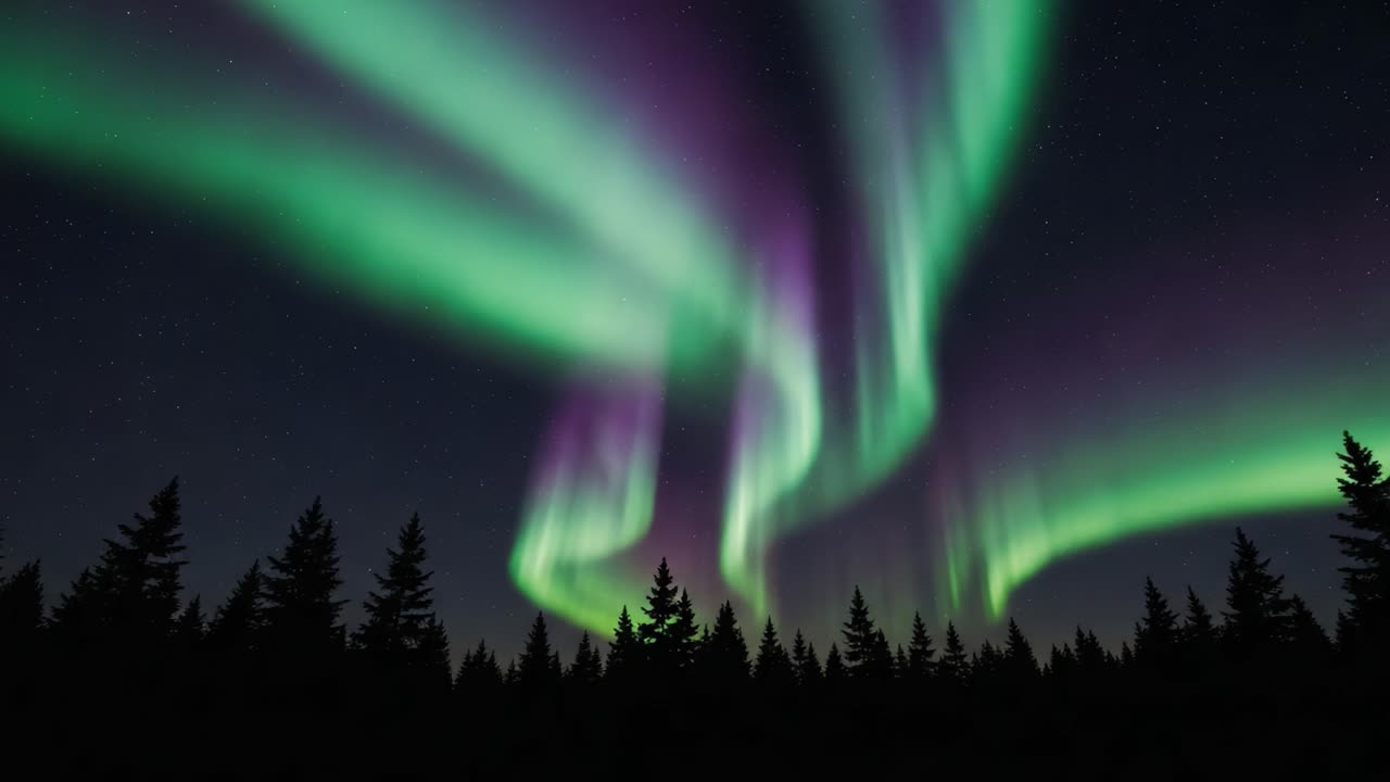 Vibrant Aurora Borealis Over Forest Silhouette at Night