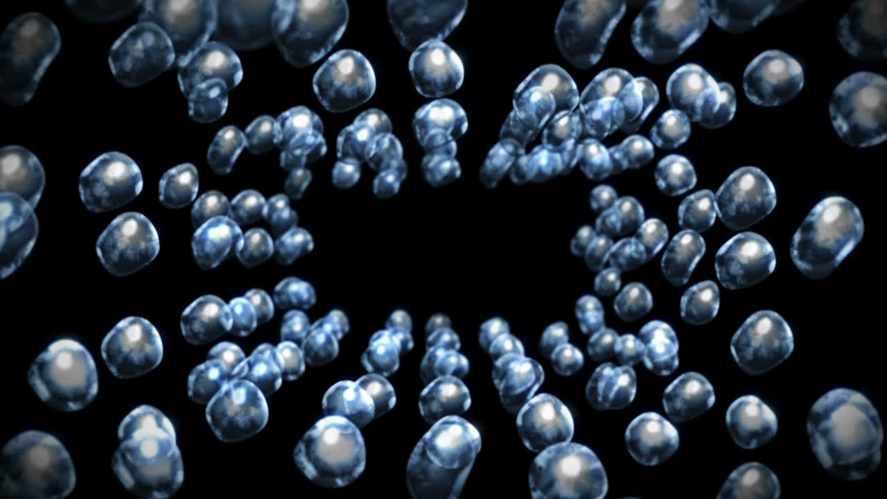 검은 바탕에 많은 물방울이 날아가고, 순수한 물방울, 투명한 표면, 공기 거품이 회전하는 3d 애니메이션, 루프 애니메이션.