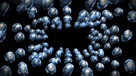 volando muchas gotas de agua en fondo negro. gotas puras. superficie transparente. animación 3d de burbujas de aire girando. animación de bucle.
