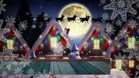 animación de santa claus en trineo con renos, nieve cayendo, luna y decoraciones de navidad