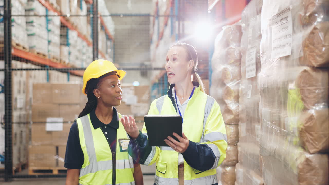 Two warehouse workers inspecting inventory