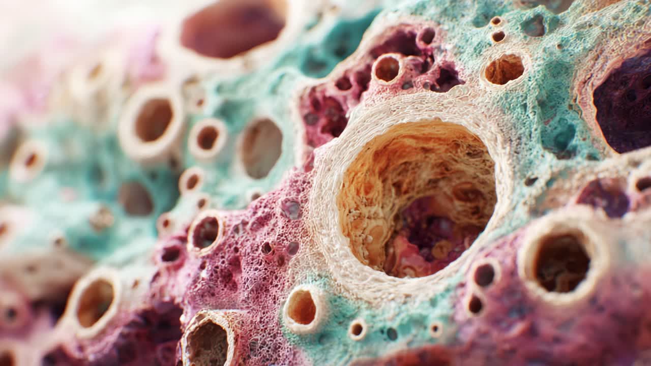 Intricate Close-Up of Colorful Microbial Structures Displaying Unique Patterns, Textures, and Holes in a Natural Formation Under Focused Illumination in Macro Perspective