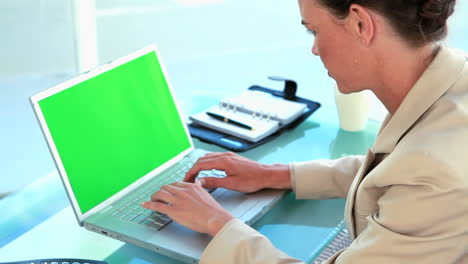 Empresaria escribiendo en una computadora portátil