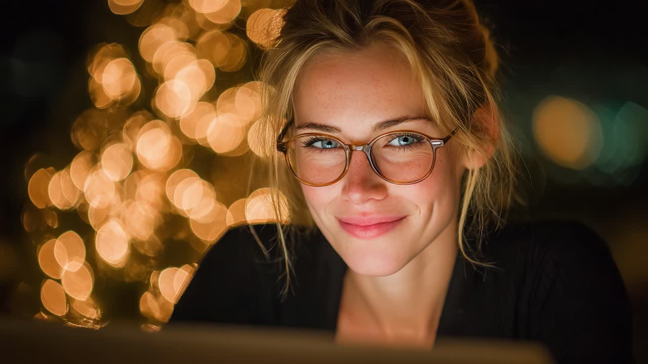 En hyggelig aften med refleksion og indsigt: En ung kvinde med briller fordybet i tankefulde overvejelser midt i bløde, glimtende lys i en varm atmosfære