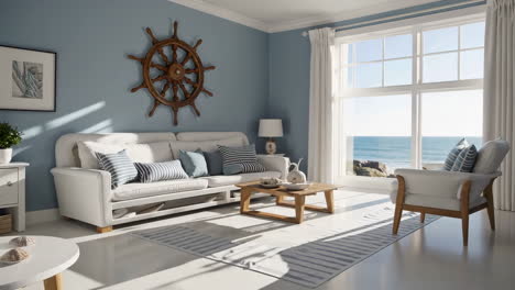 serene nautical themed living room with ocean view