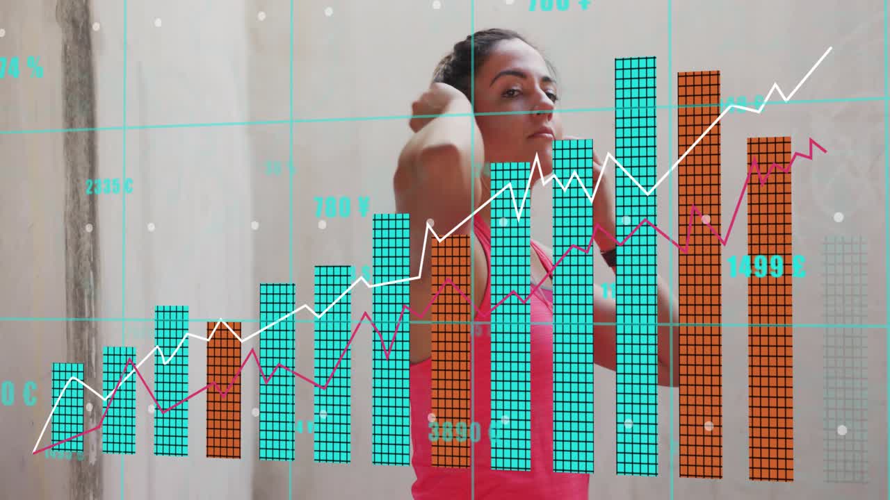 Woman raising hands inserting earbuds tying hair and tapping watch causing fitness bars for workout