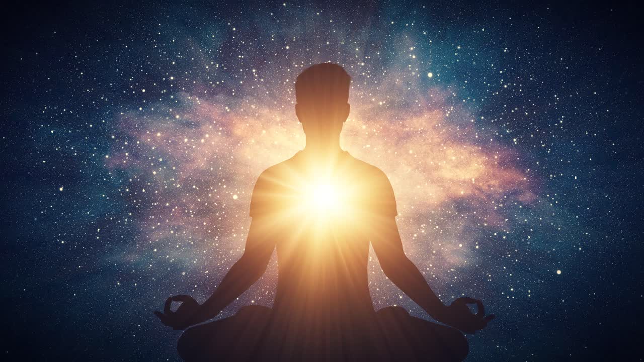 Silhouette di una persona che medita con luce brillante in una galassia cosmica.