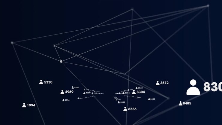 Network of connections and networks on dark blue background