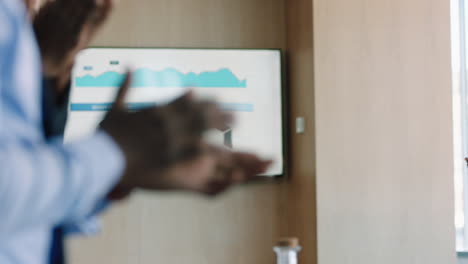 close-up-business-people-celebrating-clapping-hands-shareholders-applause-successful-financial-growth-with-graph-data-on-tv-screen-in-office-boardroom-meeting