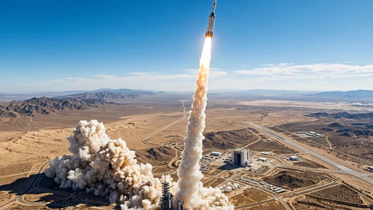 Powerful Rocket Launching from Desert Spaceport with Massive Exhaust Plume