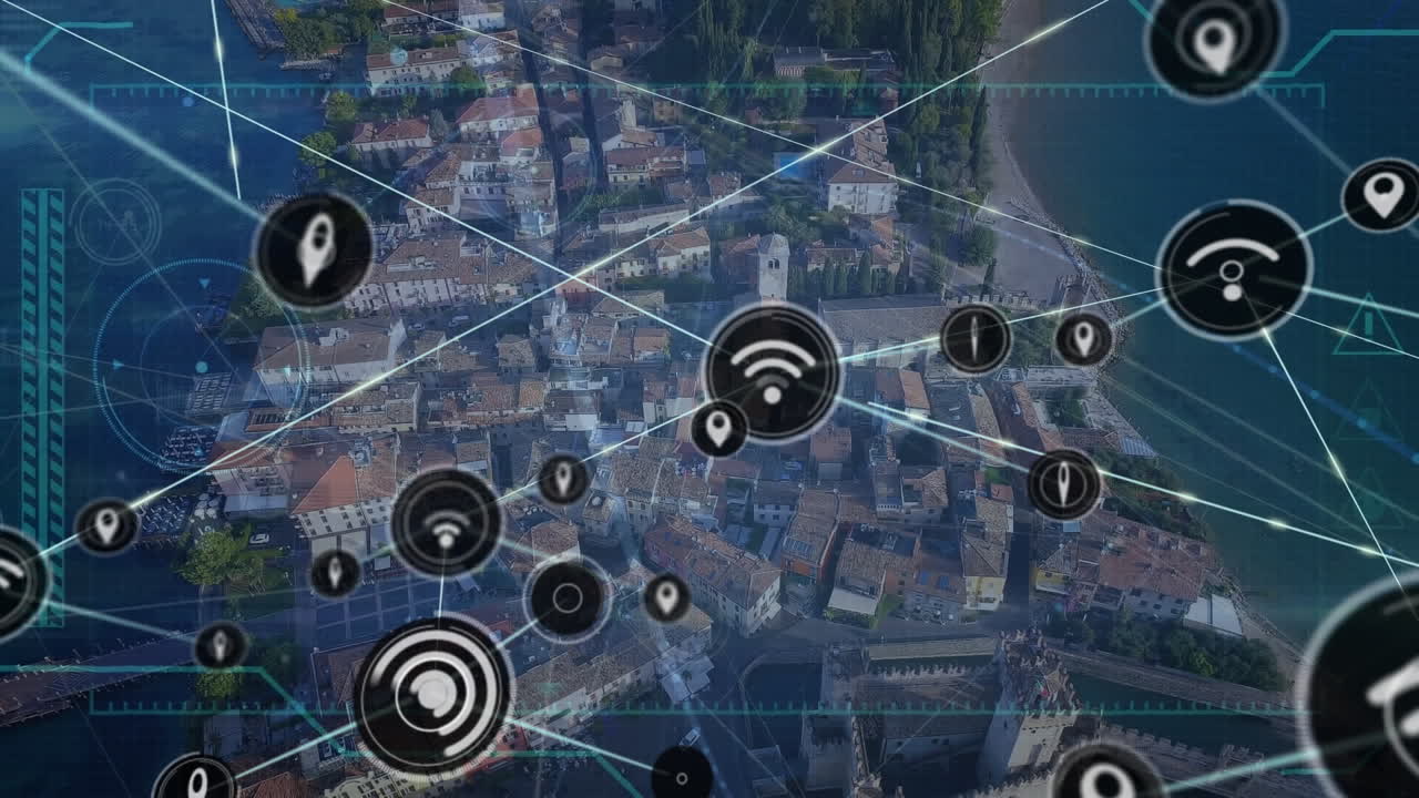 animación de la red de conexiones sobre el paisaje urbano