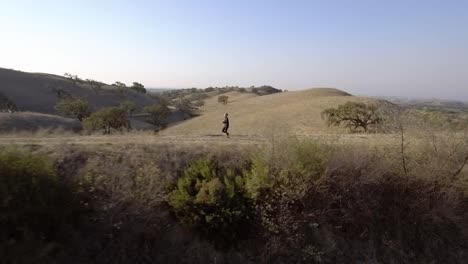 Aerial-of-Woman-Running-Past-a-Lake-During-Golden-Hour