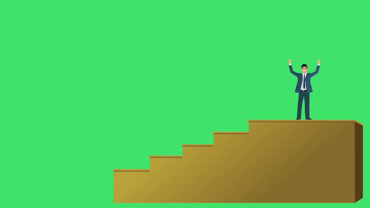 An Animated Business Man, Entrepreneur, or a Sales Executive Climbing up a Staircase to Indicate Growth, Career Development, - Business Growth Concept with Green Screen