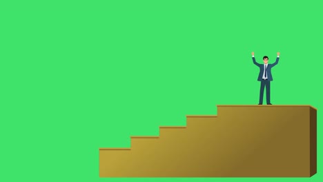 an animated business man, entrepreneur, or a sales executive climbing up a staircase to indicate growth, career development, - business growth concept with green screen