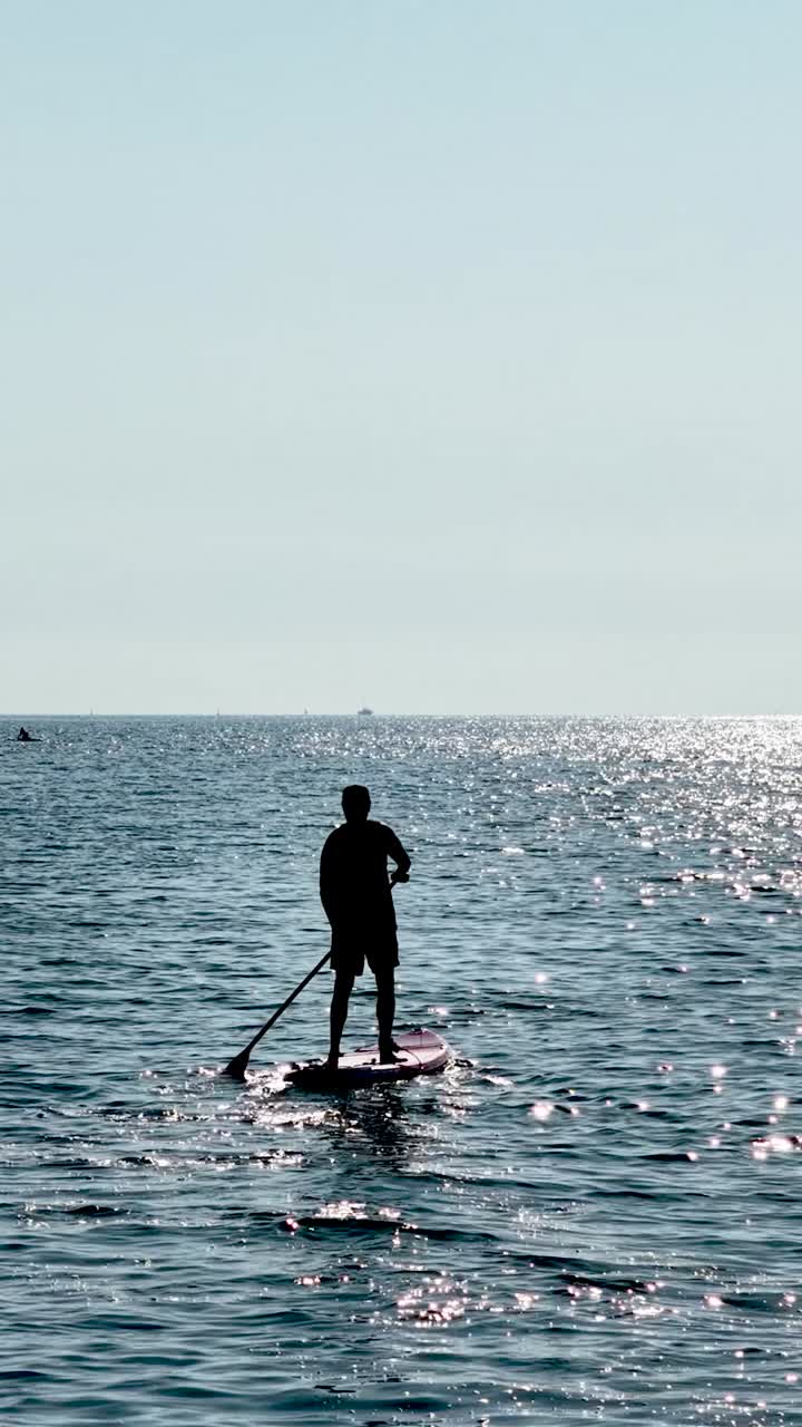 Silhouette of stand up paddling on calm sea. Vertical