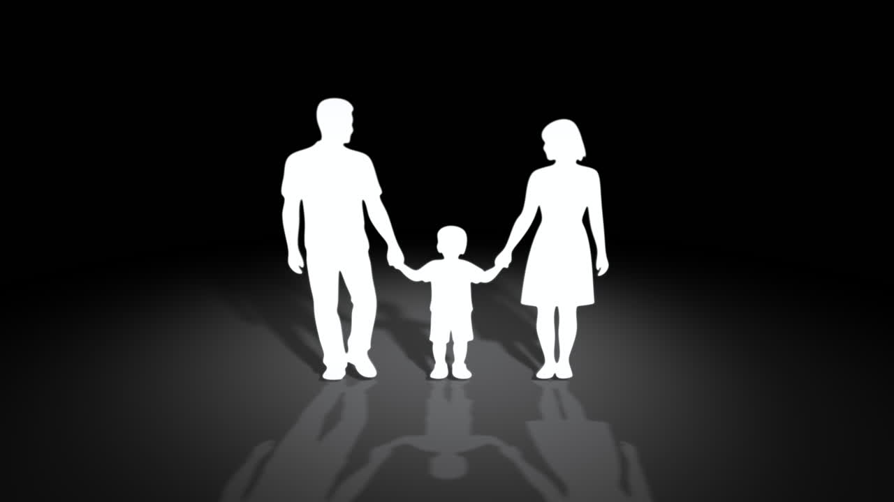 White paper cut silhouettes of parents holding hands with child, isolated on black background with spotlight and shadows, family unity, parenting and support concept