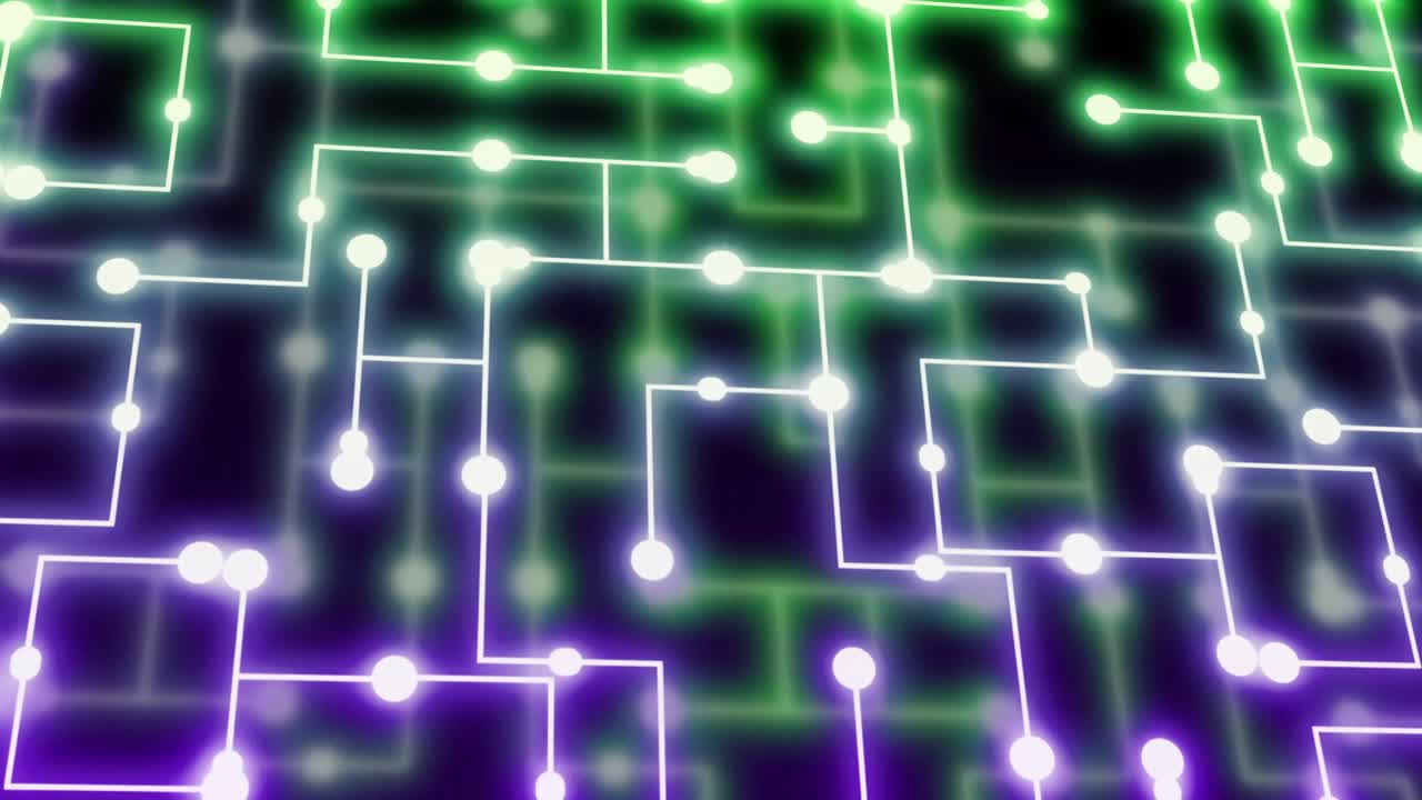 animación de puntos de neón que se mueven sobre una red de conexiones