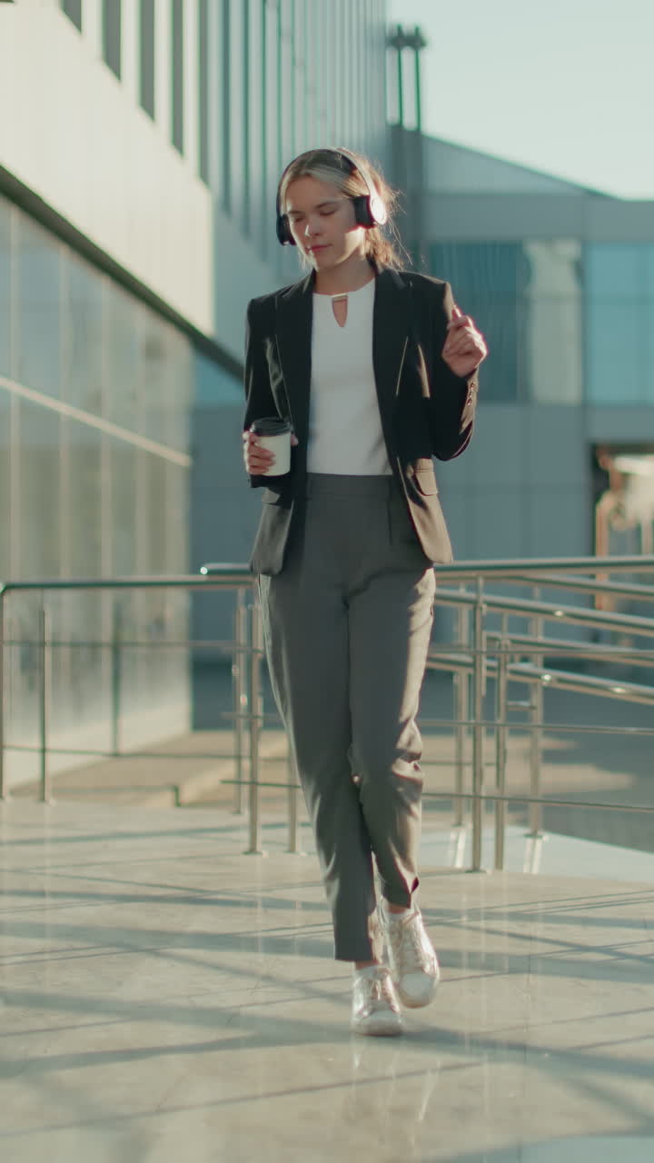 Woman in professional outfit enjoying music while holding beverage, dancing casually on polished walkway with parked cars and glass building reflecting urban surroundings