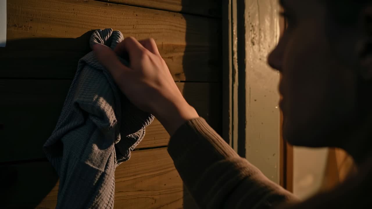 Voksen kvinde i sweater placerer foldet klud, tørrer en væg af træplanker af for at gøre rent, med plads til tekst.