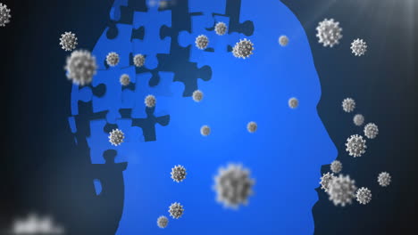 animación de células de covid-19 y cerebro humano formado con piezas de rompecabezas