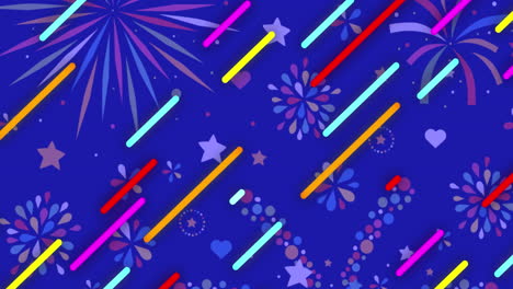 animation of colourful diagonal lines moving over fireworks year on blue background