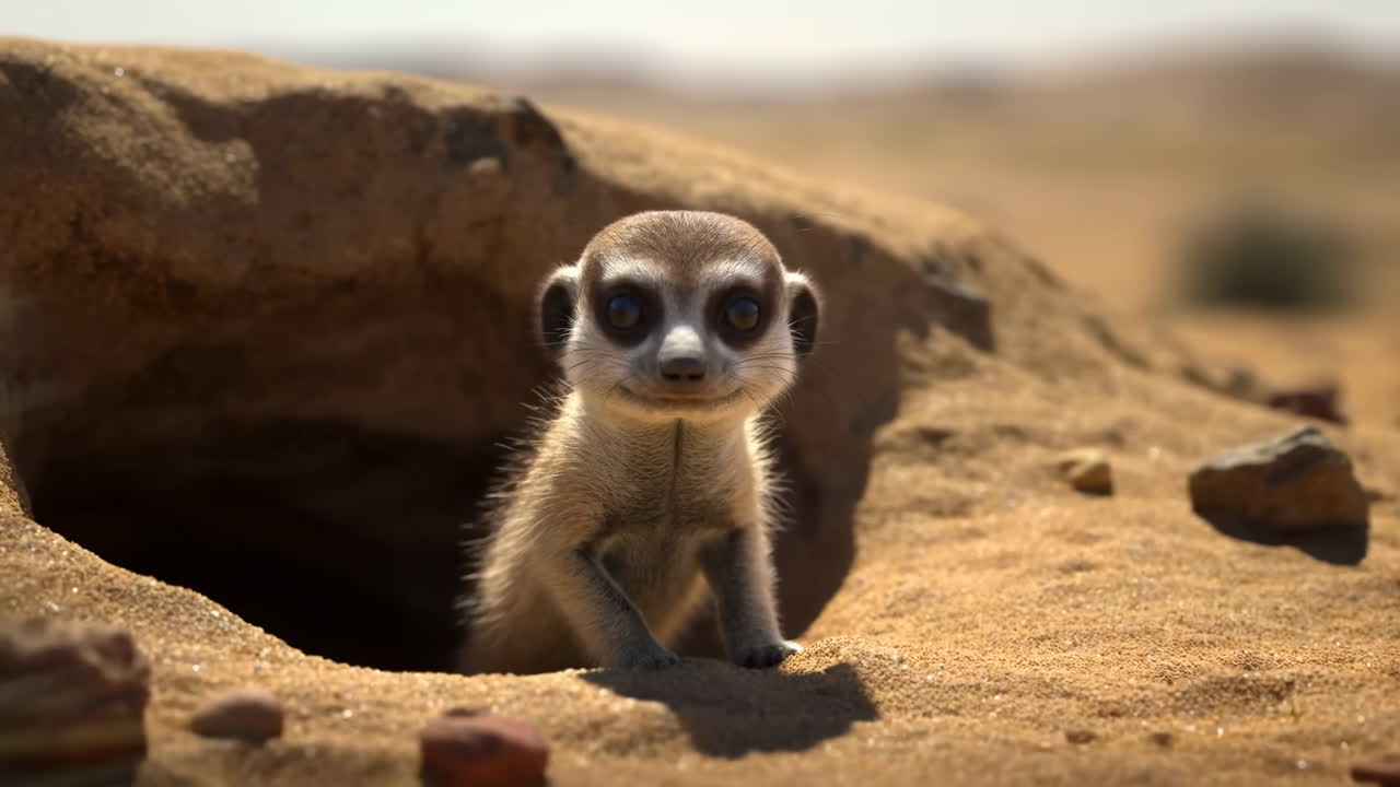 Filhote de Suricate Curioso Espreitando da Toca, Areia do Deserto Ensolarada, Olhos Escuros Alertas Observando o Horizonte, Patas Pequenas