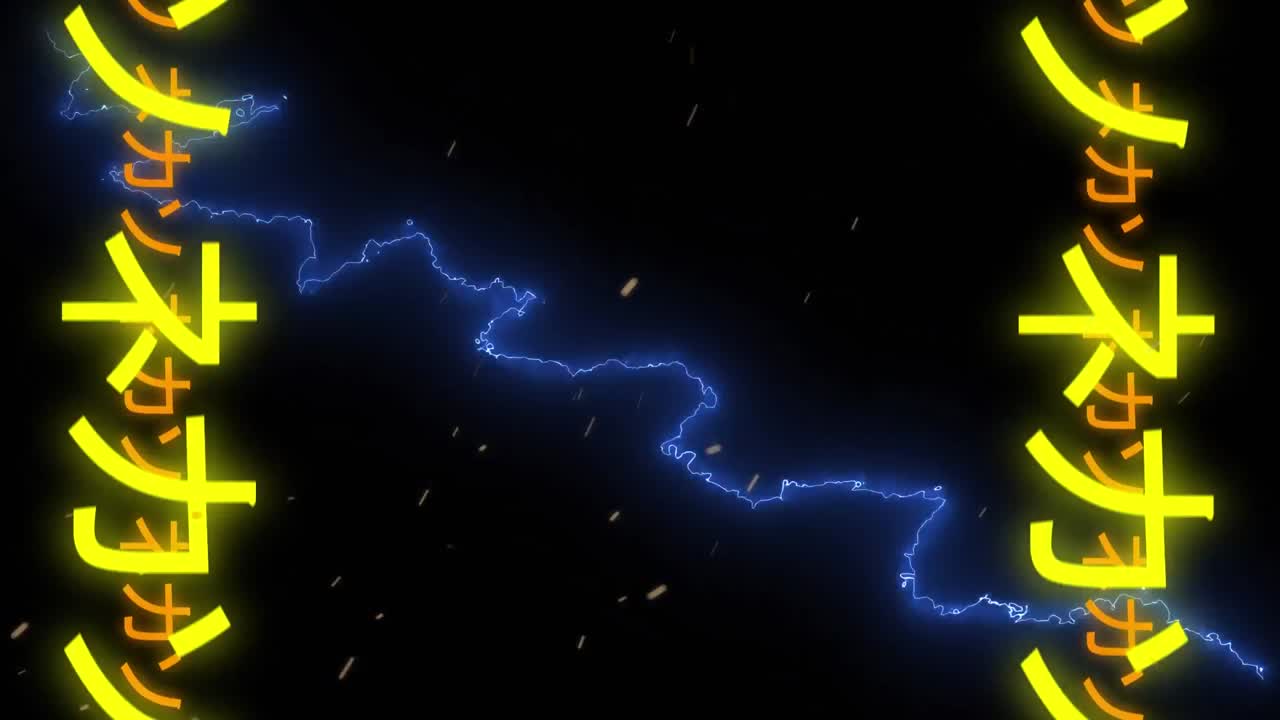 animación de símbolos amarillos y relámpagos sobre fondo negro