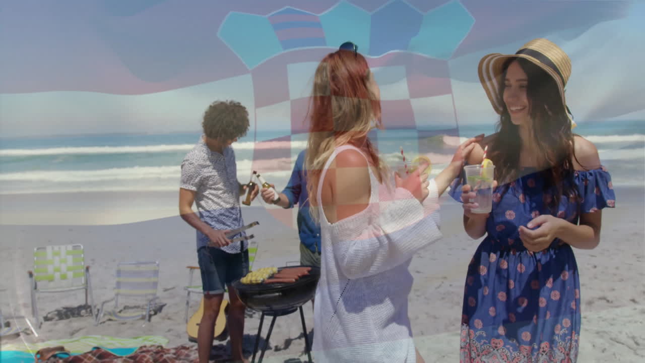 Young friends enjoying beach barbecue with colorful geometric animation overlay
