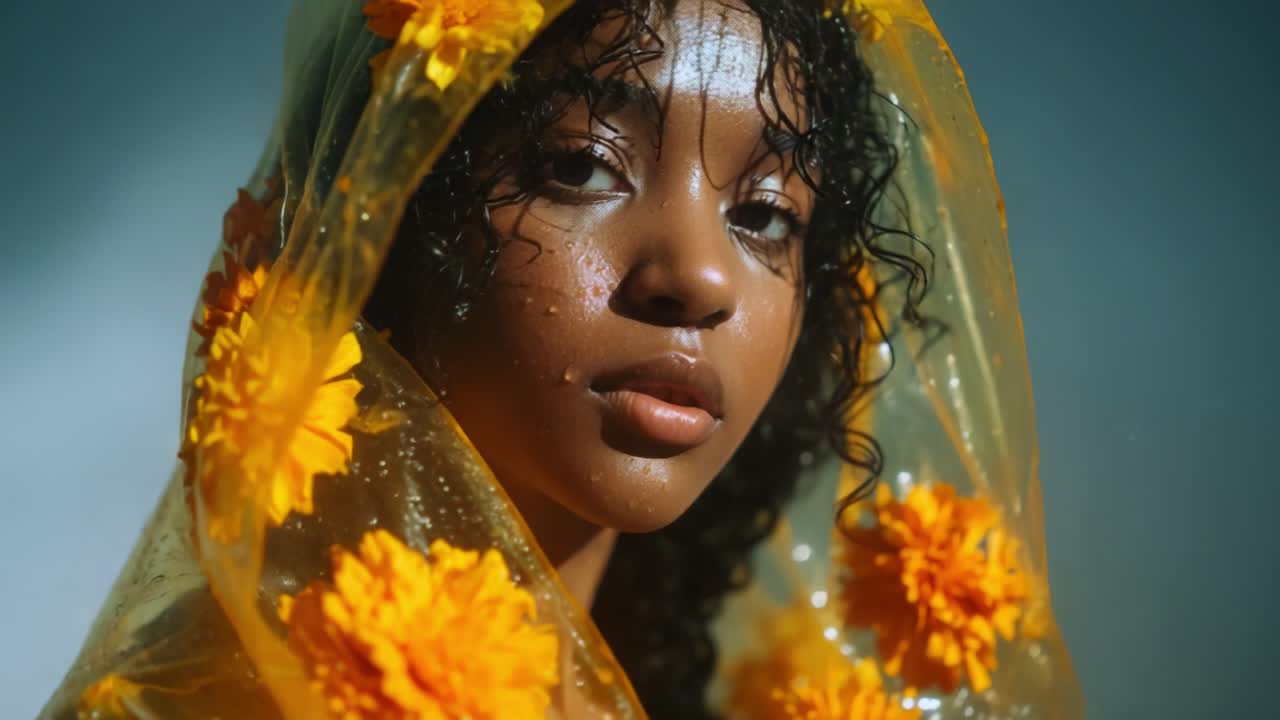 A striking close-up of a young woman adorned with a vibrant yellow floral veil, capturing the contrast of her natural beauty against a serene backdrop, emphasizing her radiant skin and expressive gaze