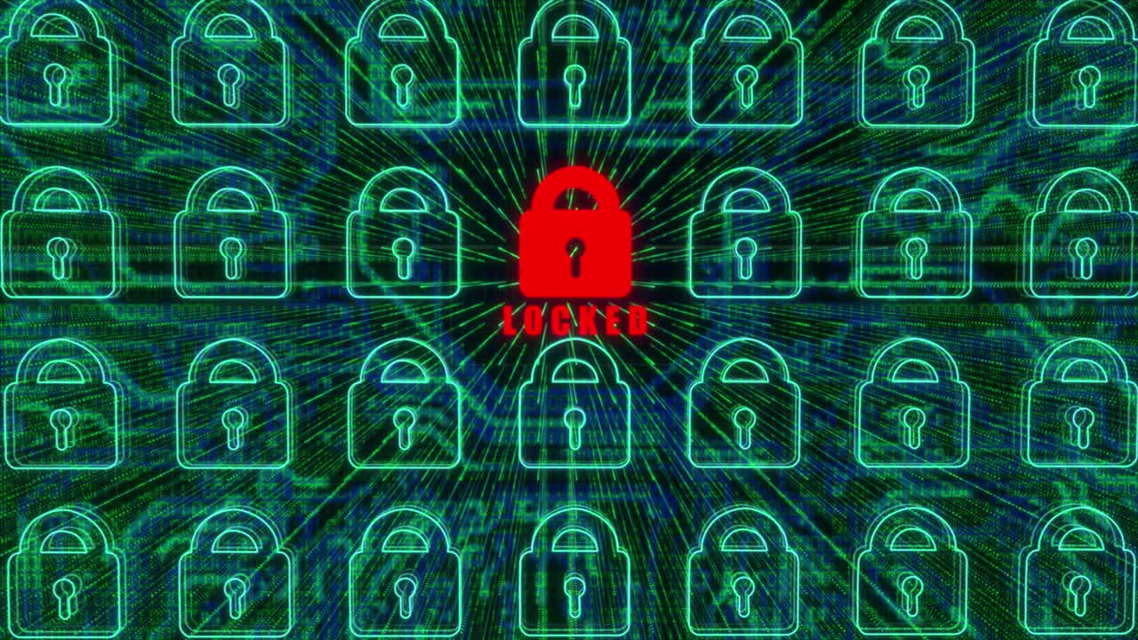 gráfico de movimiento 3d sofisticado y detallado de un hack cibernético del sistema objetivo, con localizador de objetivos y bloqueo que cambia de rojo a verde y luego transmite datos - vista alternativa 2