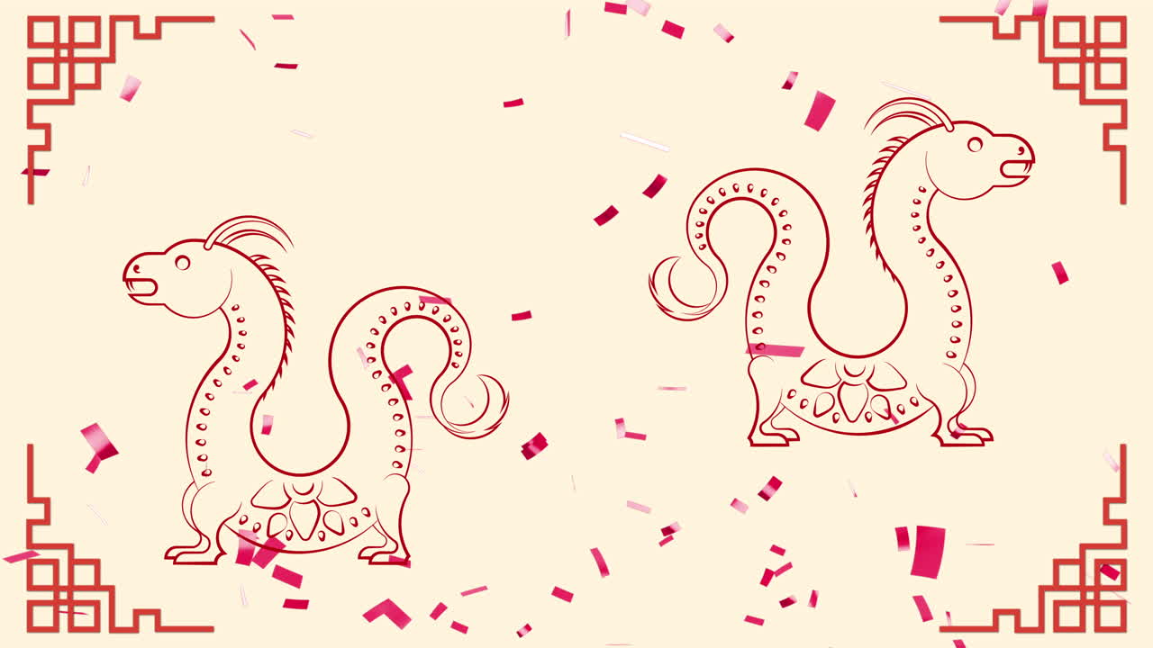 노란색 배경에 중국 패턴을 가진 콘페티와 드래곤 표지판의 애니메이션