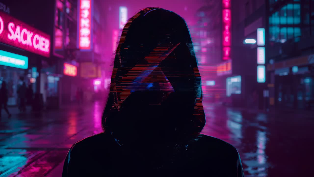 Person mit Kapuze, die auf einer Neonstraße vor der Kamera steht, wobei ein Overlay beginnt, eine Maske sich verschiebt und das Gesicht verbirgt