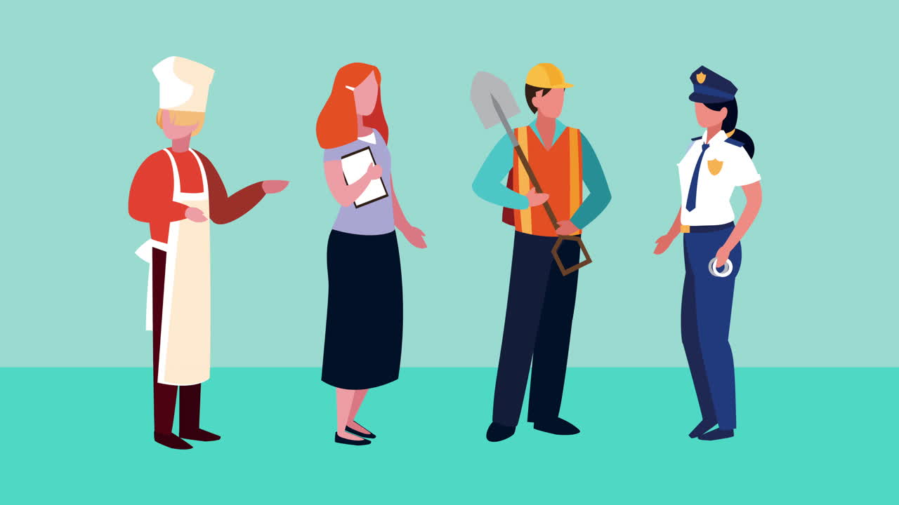 cuatro trabajadores profesionales de diferentes ocupaciones