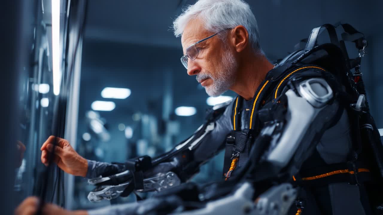 A Focused Elderly Man Engaged in High-Tech Robotic Exoskeleton Interaction, Demonstrating Advanced Human-Robot Collaboration in a Futuristic Environment