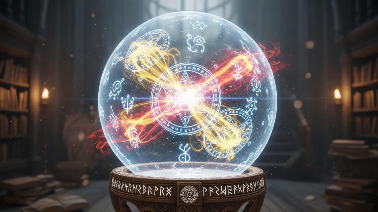 A Mystical Orb of Enchantment: The Transformation from a Vibrant Magical Sphere to an Ordinary Crystal Displayed Within an Ancient Library Setting
