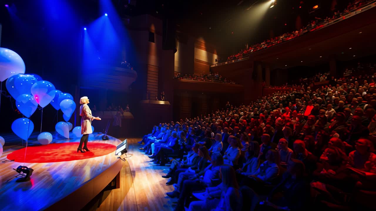 A speaker addresses an engaged audience on stage, surrounded by colorful balloons and vibrant lighting, creating an inspiring and dynamic atmosphere for sharing ideas and stories