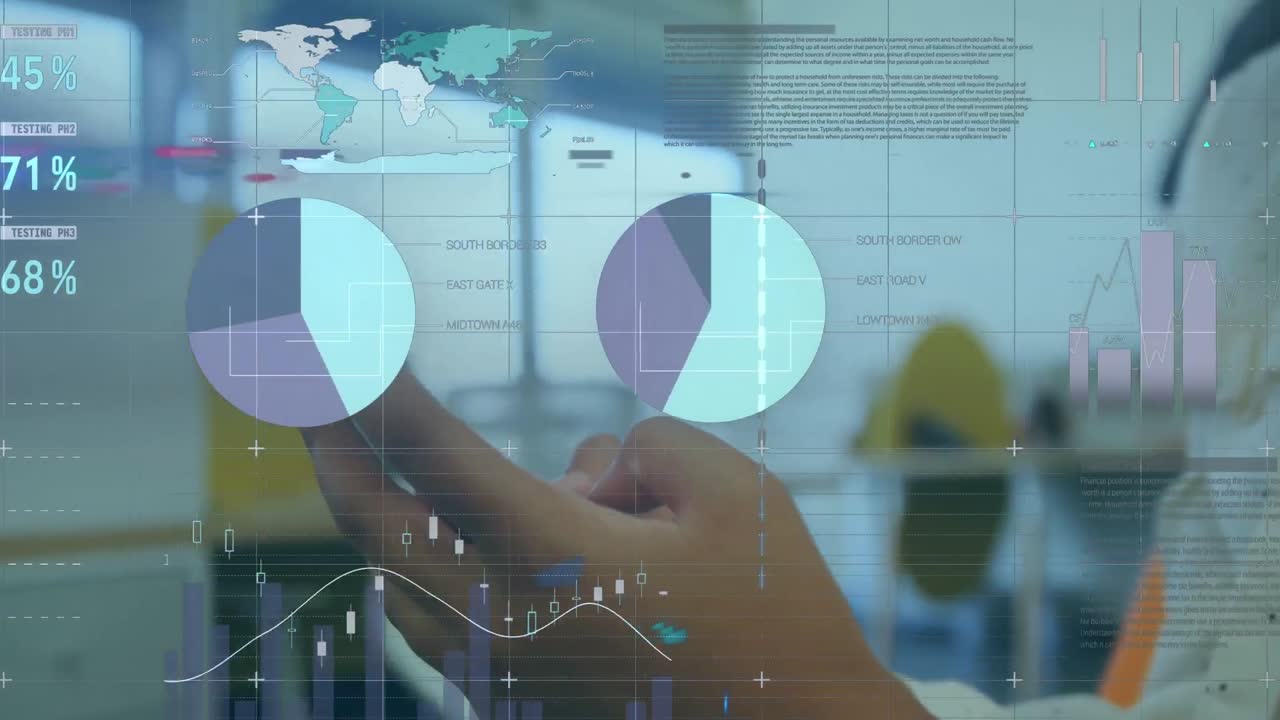 animación del procesamiento de datos estadísticos en la sección media de una mujer que utiliza un teléfono inteligente.