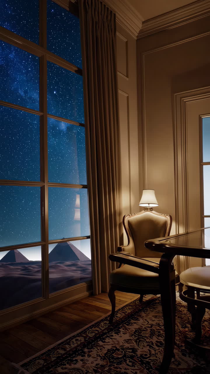 Night View of Pyramids from a Luxurious Interior