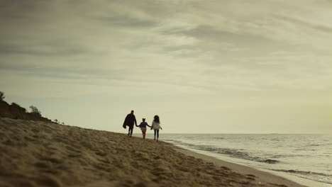 family running beach landscape. cheerful people walk together on sand sea coast.