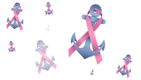 Animation-of-multiple-pink-ribbon-anchor-logo-appearing-on-white-background
