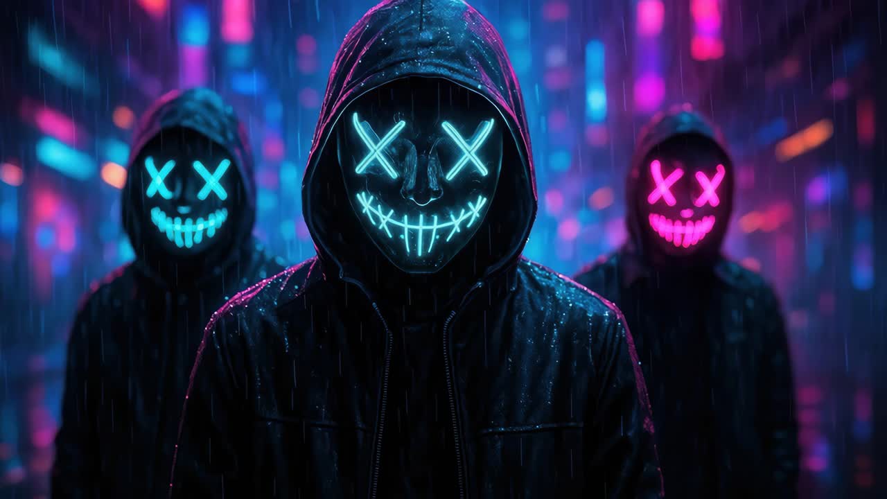 Three hooded figures with neon masks in a rainy, cyberpunk cityscape