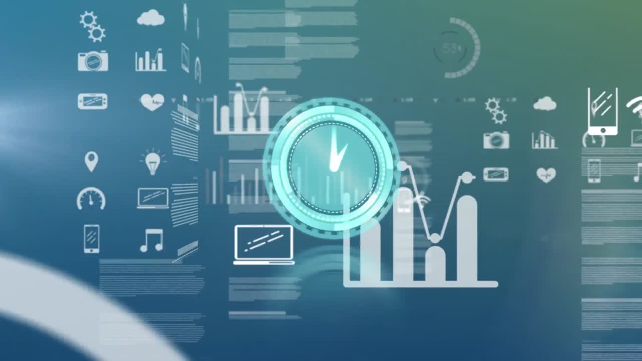 Animation of digital clock over multiple icons and text against abstract background