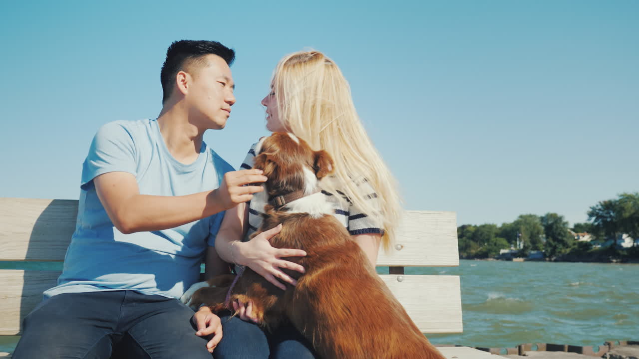 아시아 남자와 백인 여자가 함께 휴식을 취하는 그의 개와 놀고 벤치에 앉아 요와 함께 산책