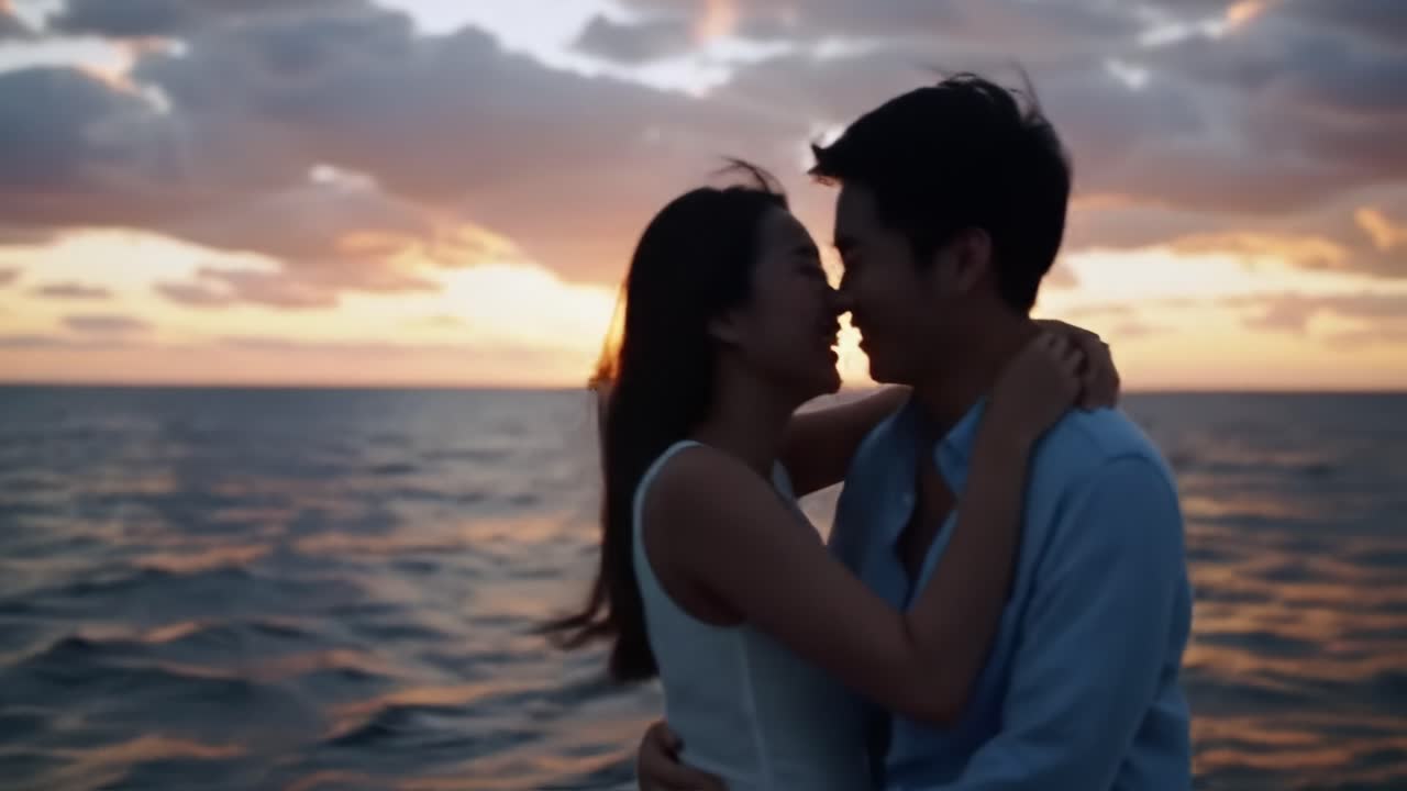 A Romantic Sunset Embrace: Capturing the Intimate Connection Between Two Lovers by the Ocean as the Sun Sets on the Horizon, Creating a Magical Atmosphere of Love and Joy