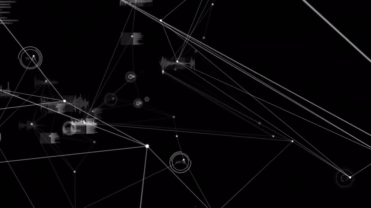 Animation of network of connections and data processing on black background