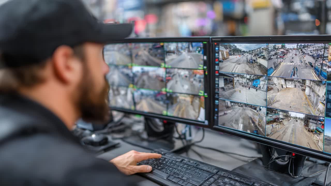 Operatore di sorveglianza che monitora più telecamere in una sala di controllo, concentrandosi su strade cittadine trafficate per rafforzare le misure di sicurezza.