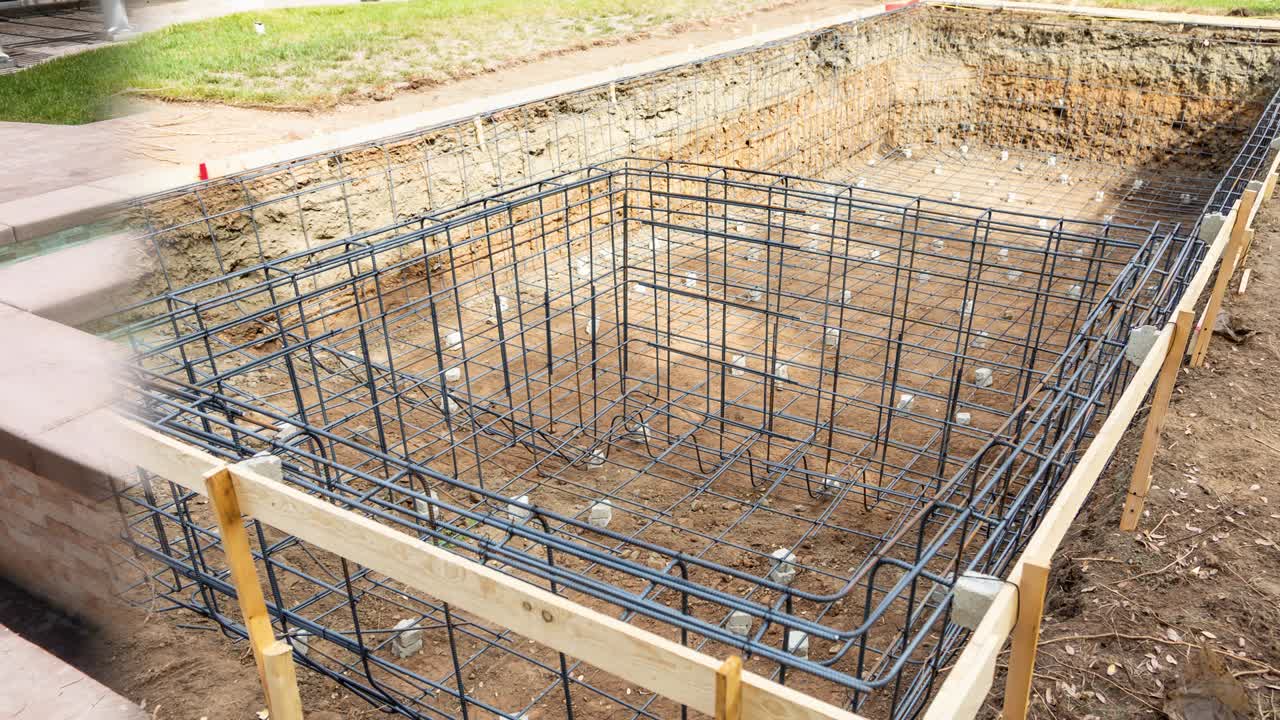 cinemagraph sin costuras de 4k de bucle de la construcción de la piscina que se desvanece hasta la piscina terminada