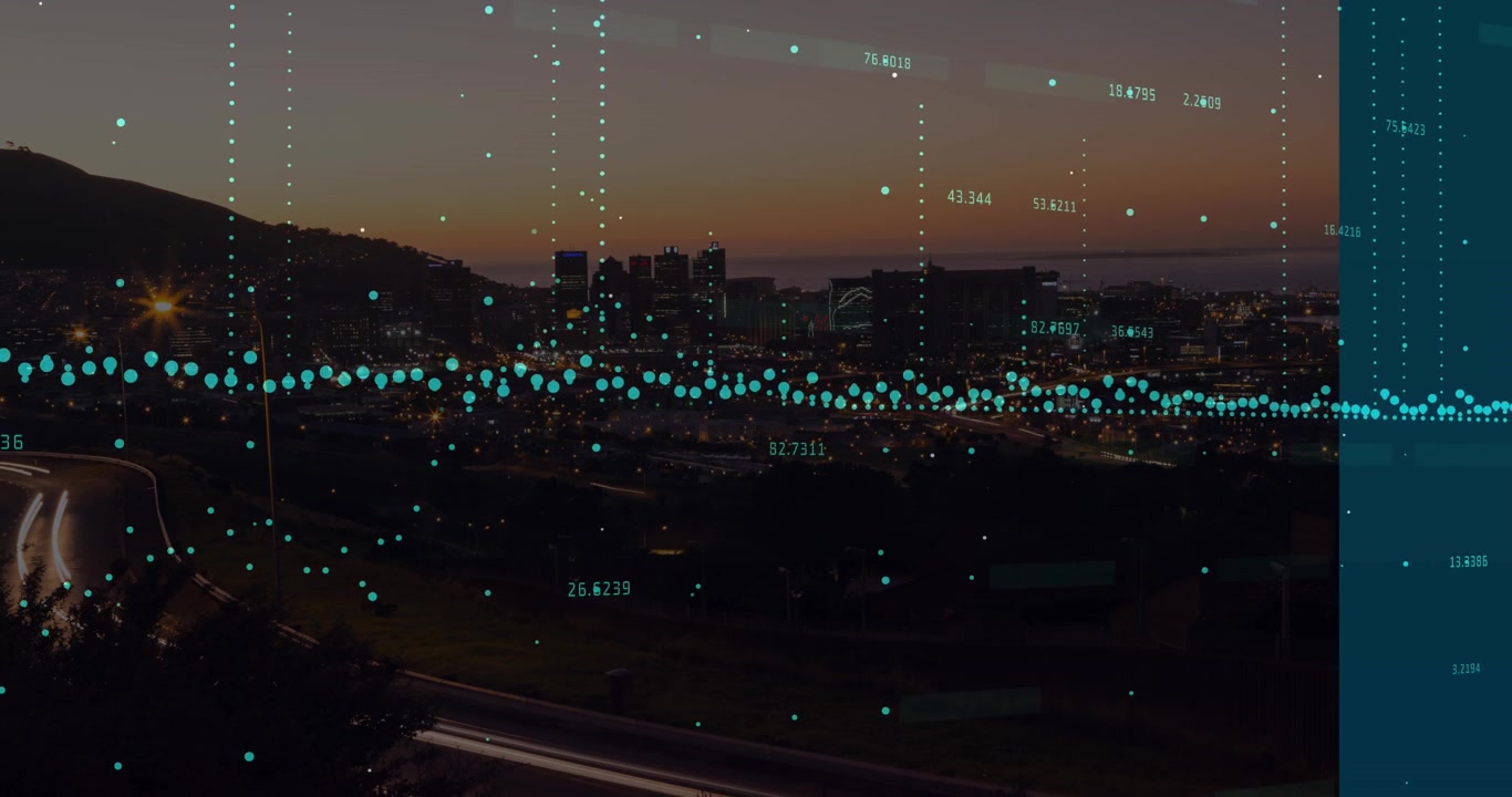 Animazione dell'elaborazione di dati finanziari su un paesaggio urbano